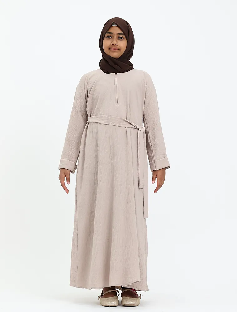 Beige Linen Feel Basic Girls Abaya